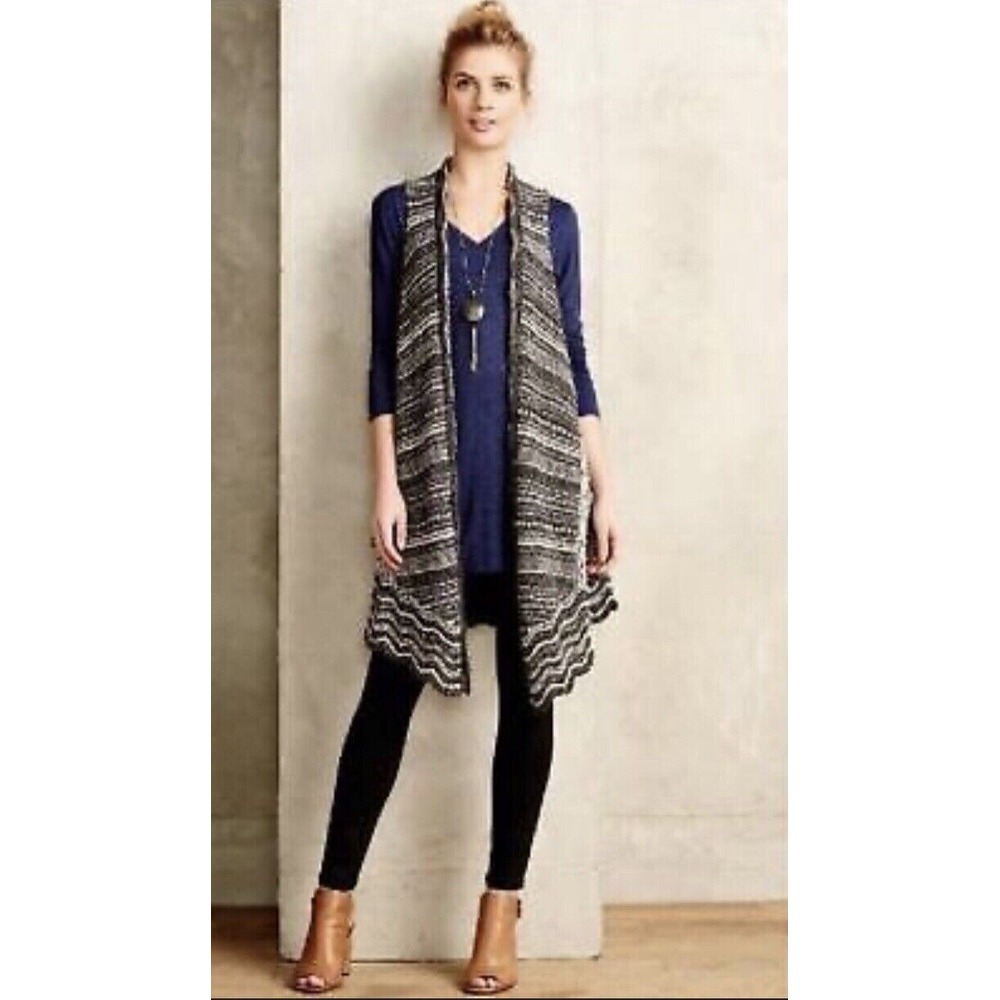 Anthropologie‎ Moth Crocheted Long Vest Duster XS/S Striped Gray